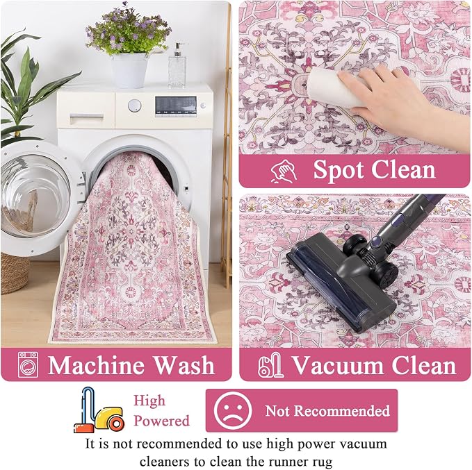 U'Artlines 2' x 6' Boho Hallway Runner Rug, Washable Carpet, Pink | Non Slip, Vintage Farmhouse Accent Area Rug Carpet, for Kitchen Entryway Laundry and Living Room