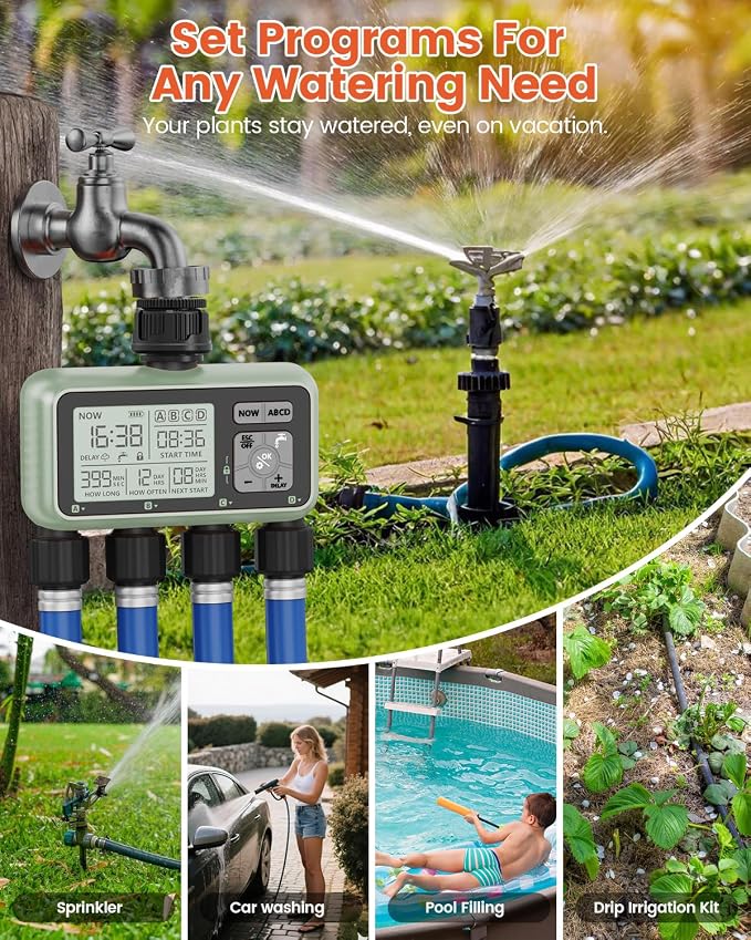 Sprinkler Timer 4 Zone Water Timer for Garden Hose Programmable Outdoor Hose Faucet Controller with Rain Delay Manual and Automatic Irrigation Controller System Low Battery Warning for Lawn Yard
