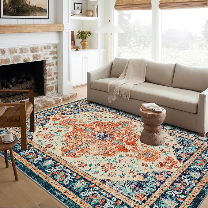 U'Artlines Boho Vintage Area Rug 6x9 Machine Washable Carpet,Orange/Multi | Low Pile, Non Slip, Ultra-Thin Soft Floor Carpet, Accent Rug for Living Room Bedroom Entryway Dining Room Office