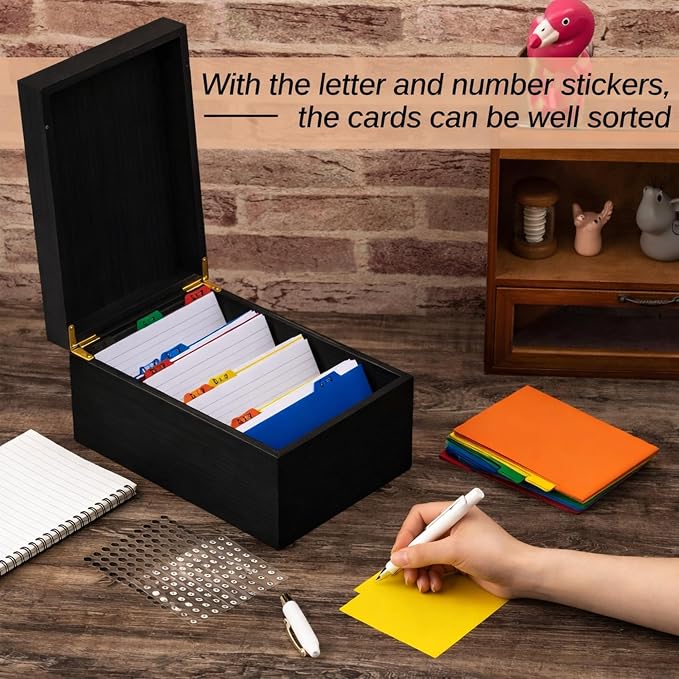 Henoyso 4 x 6 Inch Index Card Holder Set, Bamboo Organizer Box with 50 Dividers & 2 Sheets Alphabet Number Stickers File Note Holders, Holds 1200 Cards for Office Business Home Kitchen, Black