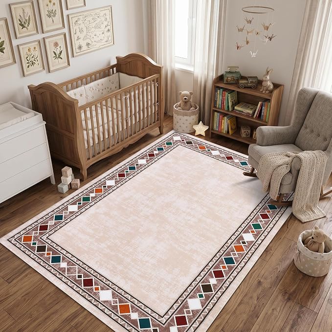Garvee Area Rugs 9x12 Living Room Washable Rug Vintage Border Rugs, Beige | Boho Area Rug Stain Resistant Easy Cleaning Throw Rugs Low Pile Floor Cover for Nursery Dining Room Apartment