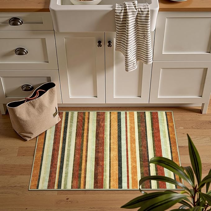 jinchan 2x3 Striped Rug for Entryway Washable Kitchen Rug, Caramel Dusk | Non-Slip, Thin, Lightweight, for High-Traffic, Decor Carpet, Modern, Small, Doormat, Indoor Entrance, Laundry Room, Bathroom
