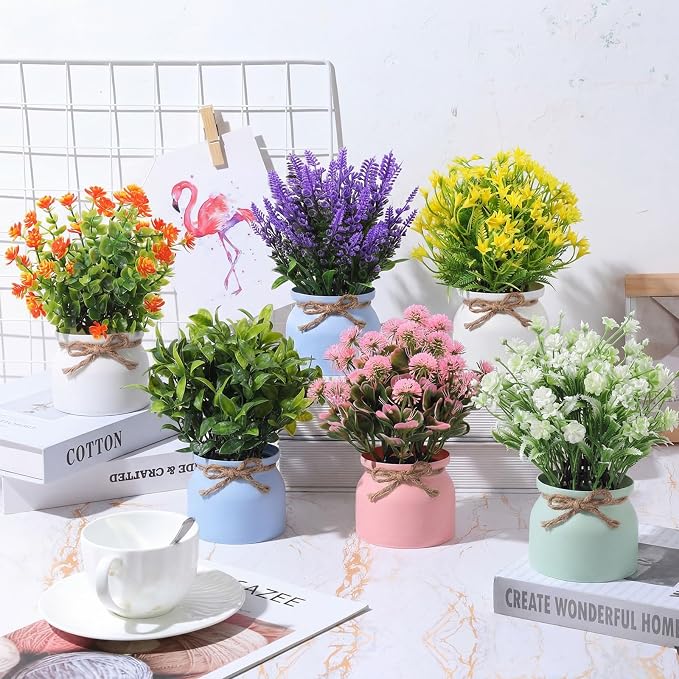 Cindeer 6 Pcs Large Artificial Potted Flowers Fake Potted Plants Plastic Faux Flowers for Home Decor Indoor Artificial Plants in Pots for Wedding Home Desk Tabletop Outdoor Office Kitchen (Fresh)