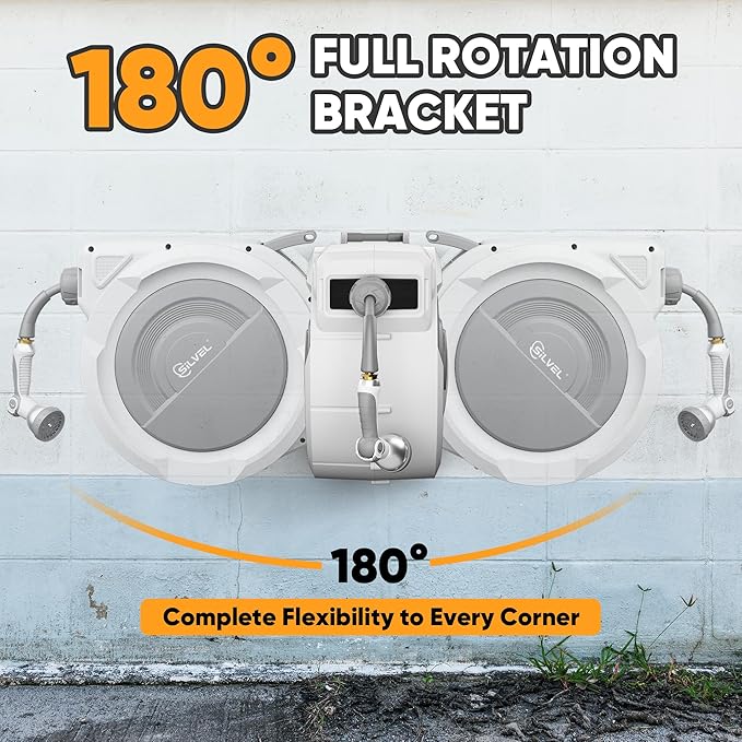 Retractable Garden Hose Reel, 5/8 in x 110FT Heavy Duty Auto Hose Reel Wall Mounted, Upgraded UV Resistant with 10 Pattern Nozzle, Any Length Lock & Slow Return System, 180°Swivel Bracket, Light Grey