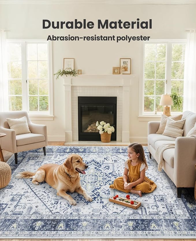 AMADA HOMEFURNISHING Washable Area Rug, Low-Profile Large Area Rug with Non-Slip Backing & Durable Edge Binding, Vintage Large Rugs for Living Room, Bedroom, Dinning Room, 8x10, Navy Blue/White