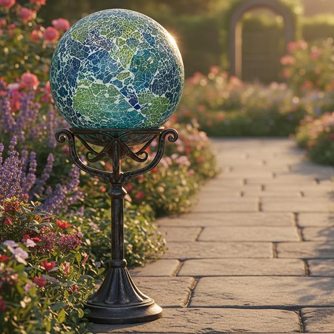 Sunnydaze 10" Mosaic Glass Gazing Ball for Garden, Globe for Outdoor Decor | Azul Terra, Decorative Sphere Fits Most Stands, Garden Ball for Outside, Flower Bed, Backyard, or Indoor Display
