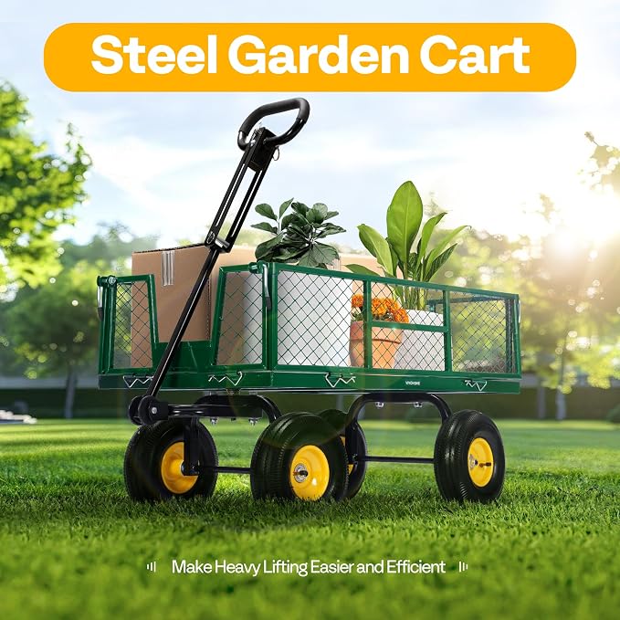 VIVOHOME Steel Garden Cart Heavy Duty 900 LBS 4.5 Cu Ft Utility Wagon | Removable Sides, 10 inch Tire and Handle Attach to ATV or Tractor Green