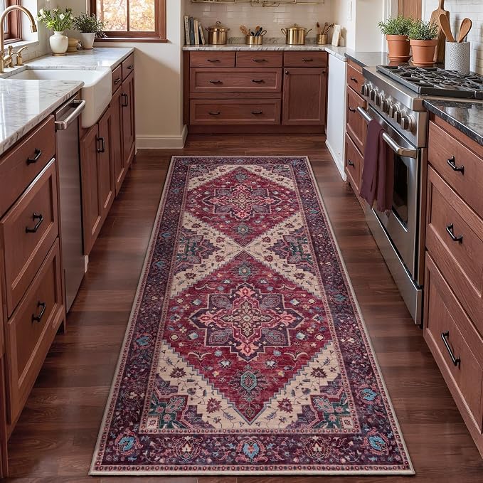 2x6 Washable Runner Rug for Hallways, Vintage Non Slip Rug Runners Burgundy | Oriental Soft Low Pile Rug, Boho Print Carpet Boho Hallway Runner for Kitchen Bedroom Entryway Bathroom Burgundy Purple