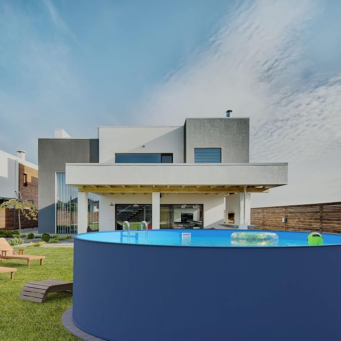 Steel Wall Pool Round Choice of Sizes 120 cm Deep Steel 0.4 mm Anthracite Foil 0.4 mm Blue Hanging Piping 450