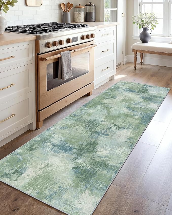 Runner Rugs for Hallway 2x5, Modern Abstract Machine Washable Runners for Kitchen Entryway Bathroom, Low Pile Lightweight Thin Non Slip Runner Rug, Green
