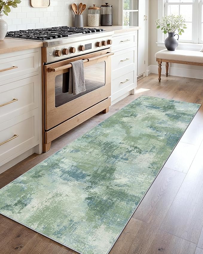 Runner Rugs for Hallway 2x6, Modern Abstract Machine Washable Runners for Kitchen Entryway Bathroom Bedroom, Low Pile Lightweight Thin Non Slip Runner Rug, Green