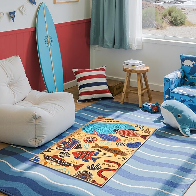 jinchan 2x3 Coastal Area Rug Washable Kids Rug Colorful Ocean Fish Mat, Tan | Soft, Cozy, Non-Slip, Kid-Friendly, Lightweight, Entryway, Small Mat, Kitchen, Dorm, Bedroom, Laundry Room, Bathroom, Nursery