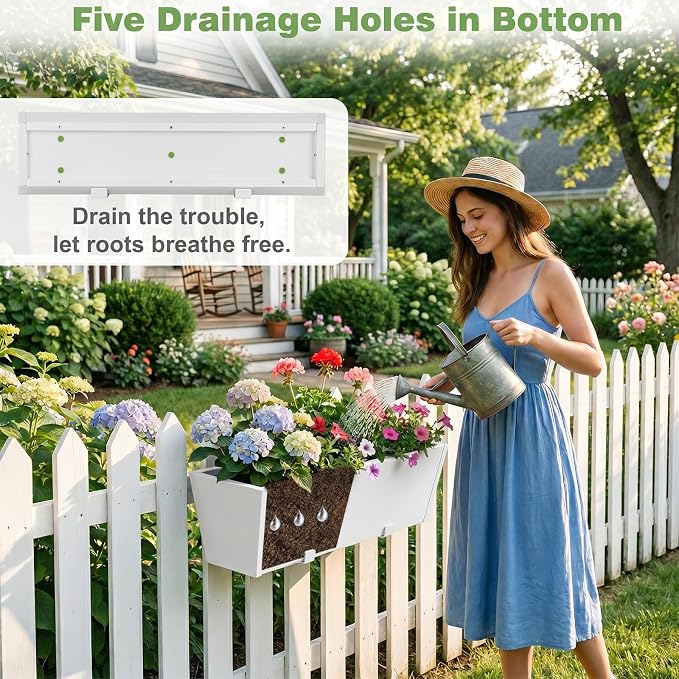 2PC White Railing Planter for Outdoor Plants 36 Inch Metal Hanging Planters Pots with Adjustable Brackets and Drainage Railing Planter Boxes Hanging Flower Pots for Balcony Deck Railings Patio Dec