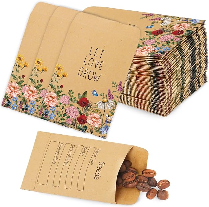 FYSUIMU 300Pcs Wildflower Seed Packets Let Love Grow Self-Adhesive Kraft Envelopes Rustic Floral Seed Storage Pockets for Garden Office Party Favors Supplies, 3.15 x 2.4 Inch