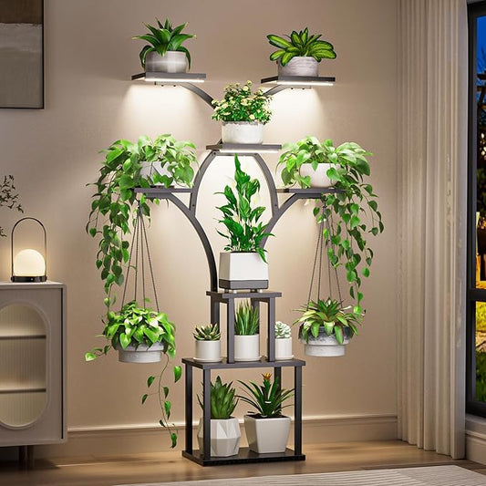 Elbourn 8 Tiered 60" Tall Plant Stand Indoor Shelf with Grow Lights (Black) | Corner Shelf Decor