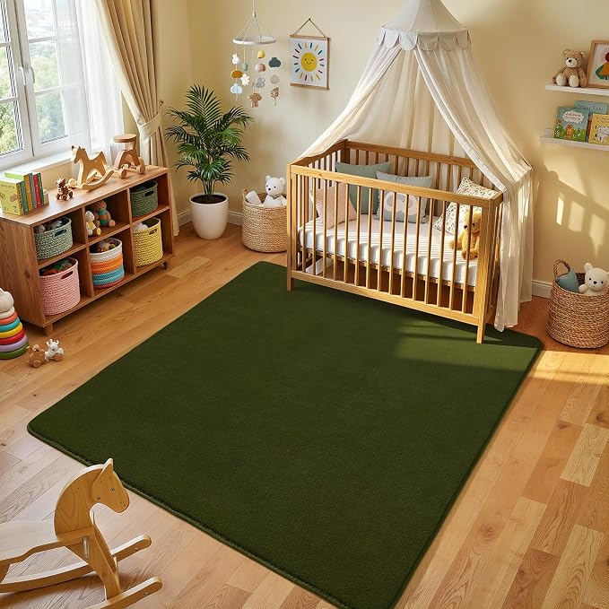 Amearea 5x5 Square Area Rug for Bedroom Living Room, Olive Green Fluffy Rug | Thickened Memory Foam Rug, Indoor Washable Rugs Non Slip Minimalist Carpet for Kids Boys Girls Dorm Nursery Room Decor