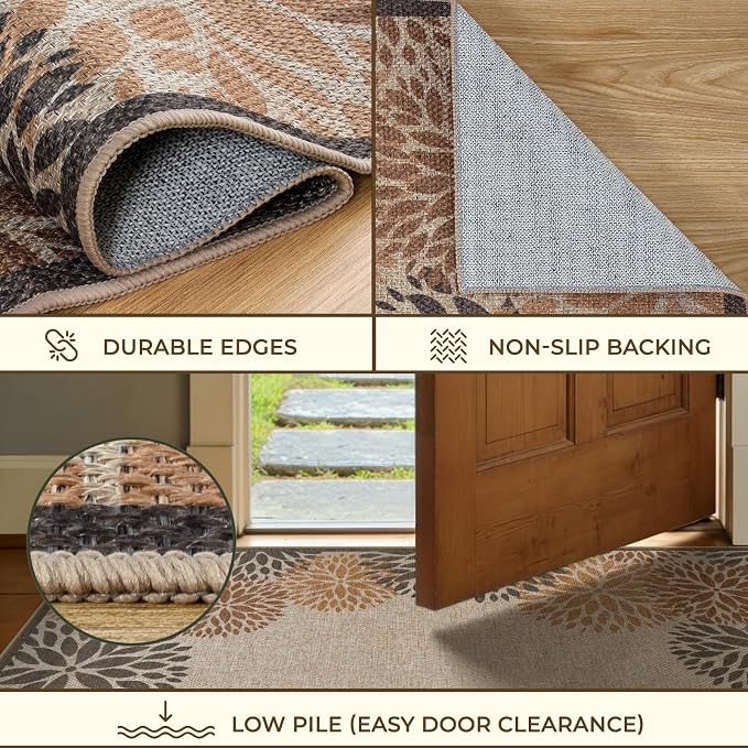 LIVEBOX Modern Easy Jute 5x7 Outdoor Rug, Washable Area Rugs for Living Room Patio Floral Indoor Outdoor Rug, Boho Farmhouse Non Slip Carpet for Backyard Foyer Dining Room(Beige, 5'x7')
