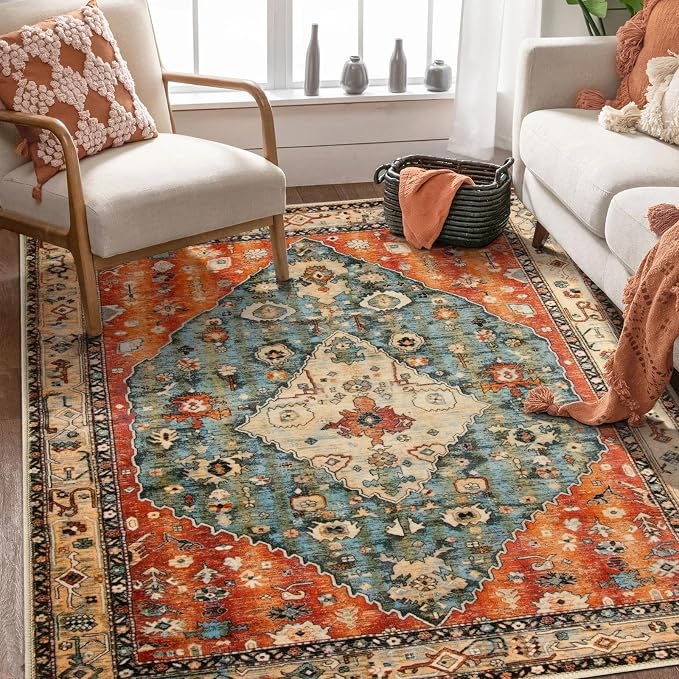 SERISSA 5x7 Washable Non Slip Boho Area Rug for Living Room | Ultra Soft Vintage Oriental Carpet Low-Pile Distressed Tribal Throw Carpet for Bedroom Dining Room Dorm Office Home Decor