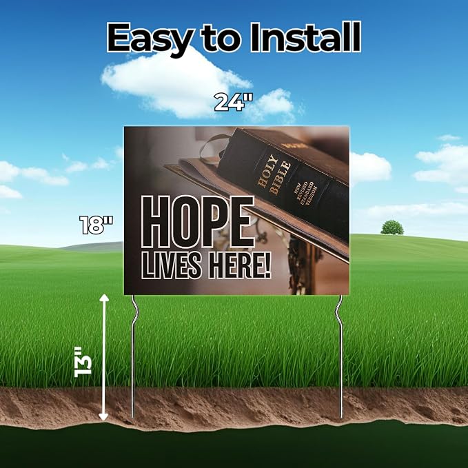 Hope Lives Here! Yard Sign by DC | 24"x18" Double Sided Church Garden Sign with 13” Metal Stakes | Outdoor Signs Waterproof for Lawn, Patio, Sidewalk & House | Set of 1 | Made in USA