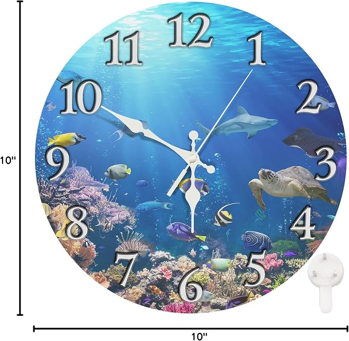 Britimes Round Wall Clock Silent Non-Ticking Battery Operated Clock 10 Inch, Underwater Coral Reef Tropical Fish Home Decor for Living Room, Bathroom, Bedroom, Kitchen, Office and School