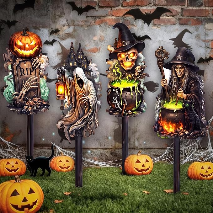 4 Pack Halloween Yard Signs 15'' Large Outdoor Halloween Decorations Metal Scary Garden Stakes Witch Skeleton Skull Pumpkin Tombstone Decorative Art Rust Proof for Outside Yard Lawn Patio