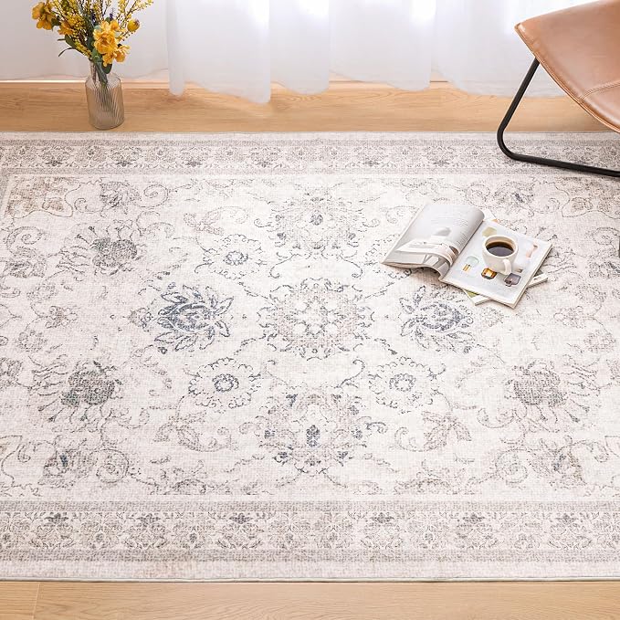 Phantoscope Washable Area Rug 5'x7' Non-Slip, Vintage Neutral Rugs for Living Room, Bedroom, Dining Room, Distressed Boho Floral Medallion Pattern, Low-Pile Foldable Floor Carpet, Cream Beige/Neutral