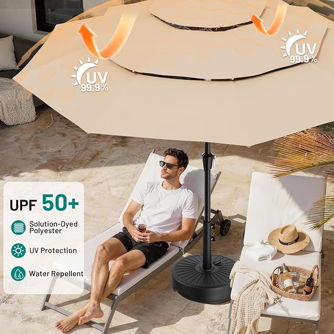 AreShark 9ft 3-Tier Patio Umbrellas, Outdoor Umbrella with 8 Sturdy Ribs UV Protection Windproof, Market Table Umbrella w/Push Button Tilt & Crank for Pool, Porch, Deck, Garden(Beige)