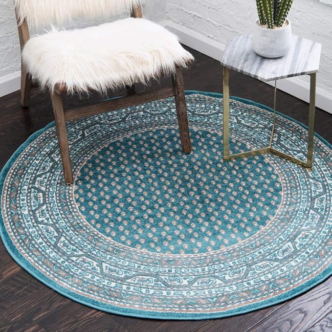 Unique Loom Williamsburg Collection Traditional Border with Dotted Center Area Rug, Round 3' 7" x 3' 7", Teal/Beige