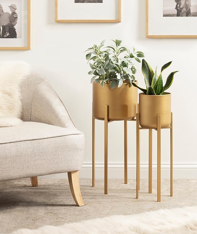 Kate and Laurel Gabi Decorative Glam Metal Planters; Set of 2; Satin Gold; Modern Metallic Indoor Planter Set for Display and Decoration for Use as Living Room Planters or Porch Plant Stands