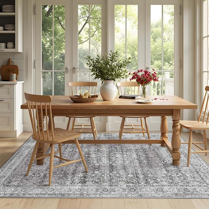Latte&Fog 5x7 Grey Rugs for Living Room, Vintage Washable Bedroom Area Rug | Non Slip Low Pile Soft Floral Carpet for Dining Kitchen Kids Playroom Nursery Guest Room Classroom Dorm Farmhouse Office