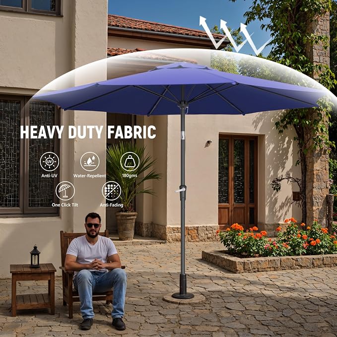 Outdoor Patio Umbrella with One Push Button Tilt and Crank, 8 Sturdy Ribs Market Table Umbrella