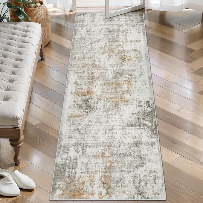 Tangsoo Abstract 2x6 Washable Runner Rug, Modern Non Slip Runner Rugs | Contemporary Indoor Soft Low Pile Hallway Runner Rug, Print Carpet Runners for Laundry Entryway Bedroom Kitchen Beige Decor