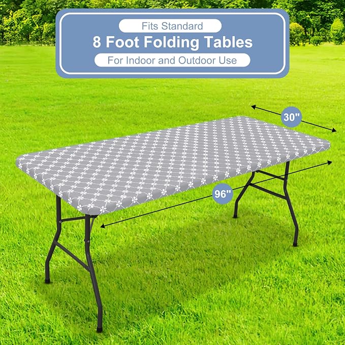 misaya Rectangle Vinyl Table Cloth, Elastic Fitted Tablecloth with Flannel Backing, Waterproof Plastic Table Cover Fits 8 Foot Folding Tables for Picnic, Camping and Outdoor (Light Grey, 30" x 96")