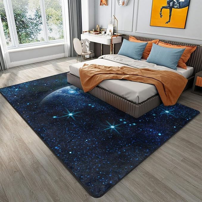 9CH Galaxy Rug for Kids Bedroom, Dark Blue Space Rug with Starry Sky Design, Soft Washable Celestial Moon Carpet for Boys Girls Playroom Living Room 5' X 7'