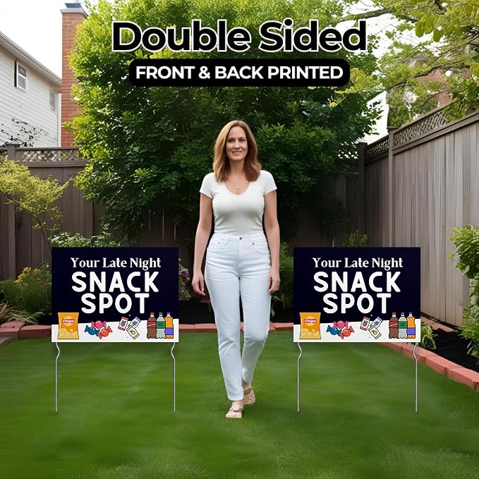Your Late-Night Snack Spot! Yard Sign by DC | 24"x18" Double Sided Conv. Store Garden Sign with 13” Metal Stakes | Outdoor Signs Waterproof for Lawn, Patio, Sidewalk & House | Set of 2 | Made in USA