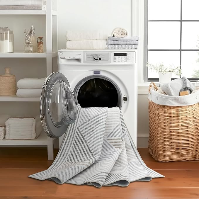 Machine Washable Area Rug - Living Room Bedroom Bathroom Kitchen Entryway Office - Padded Low Pile Stain Resistant Premium - Modern Geometric Contemporary - Miles - Beige 5' x 7'