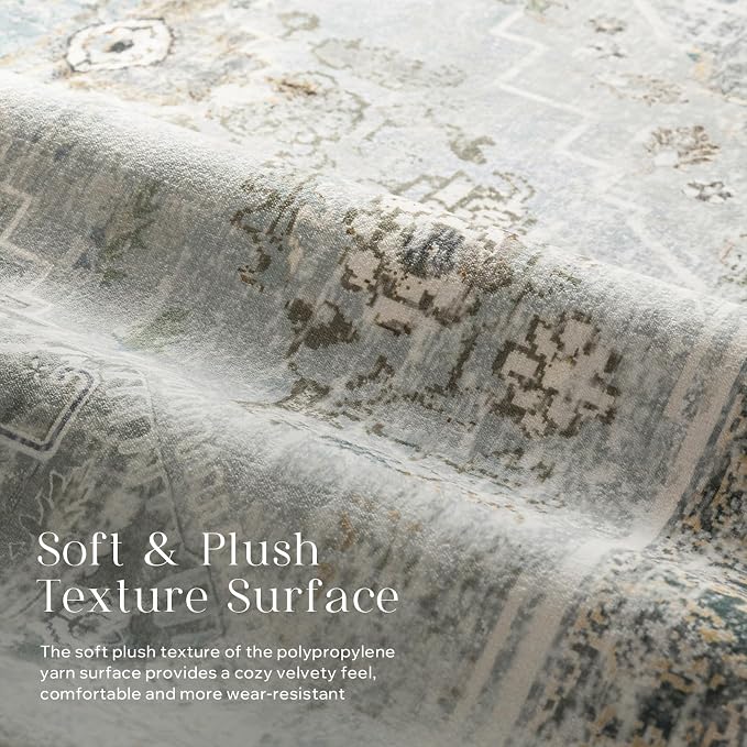 Phantoscope Washable Runner Rug 2'x10' Non-Slip, Vintage Neutral Hallway Rugs for Entryway, Stair, Bedroom, Distressed Boho Medallion Pattern, Low-Pile Foldable Floor Carpet, Silver Grey/Taupe