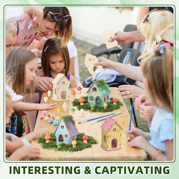 DoubleFill 18 Sets Wooden Fairy House Craft Kit for Kids - Classroom DIY Fairy Garden with Paints & Decorations - School Arts Crafts & Birthday Gift for Activity Party Decor (3 Mixed Cute Roof Styles)