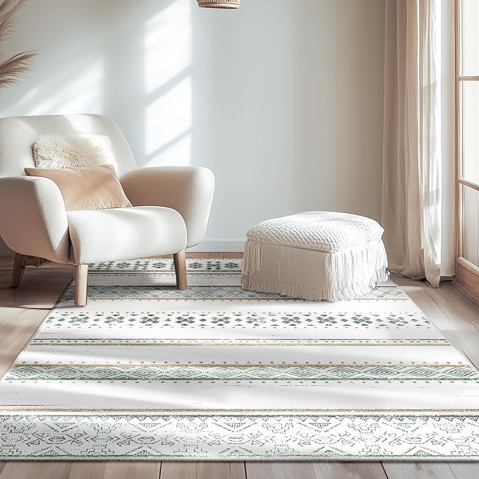 3x5 Washable Area Rugs for Living Room Boho Bathroom Rug Green/Brown | Vacuum Friendly, Machine Washable, Non-Slip Rug, Stain Resistant, Moroccan Geometric, Low Pile Carpet, Entryway Kitchen
