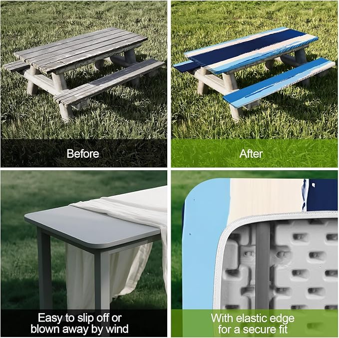 Abstract Picnic Table Cover with Bench Covers Set of 3 - Blue White Gradient Textured Pattern, Elastic Fitted Tablecloth for 6 Ft Tables, Washable Polyester Cover for Patio, Indoor & Outdoor