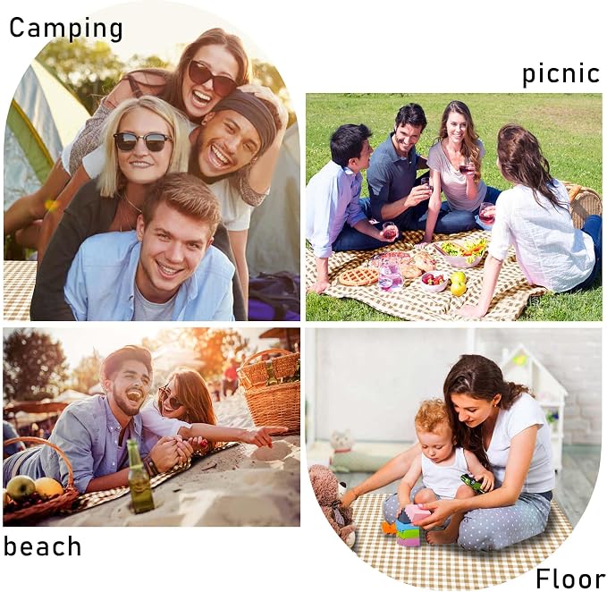 SAMSIER Outdoor Picnic Blankets Waterproof Foldable Sandproof, Extra Large Gingham Cute Picnic Mat Washable Portable for Park Beach Camping Courtyard (Coffee, 80"×80")