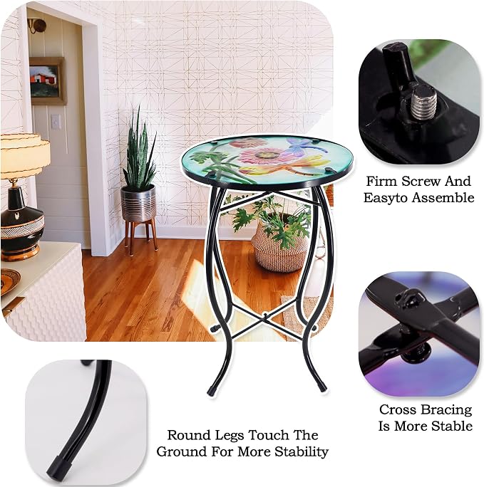 Dragonfly Patio Side Table, Small Patio Outdoor Side Table, Plant Table,Metal Glass End Table for Porch Garden Yard Pool.