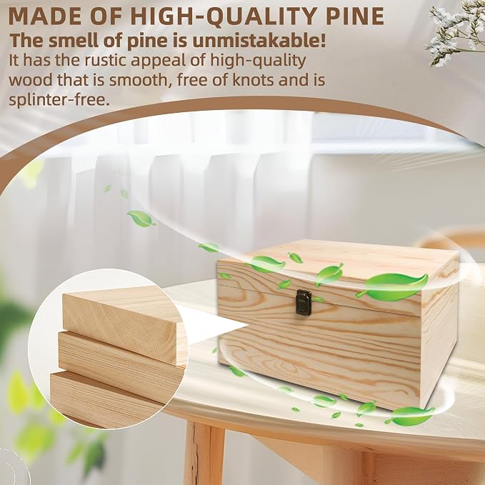13.8x9.9x6.7-Inch/ 3.33-Gal. X-Large Unfinished Wooden Box for DIY Crafts & Storage with Hinges & Retro Front Clasps - Natural Pine - Smooth Paintable Surface