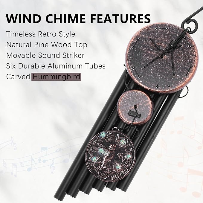 Hummingbird Wind Chimes for Outside – Vintage Hummingbird Deep Tone Wind Chime 3D Resin Embossed Copper Wind Catcher Outdoor Clearance, Outdoor Garden Hanging Decor, Memorial Sympathy Gift