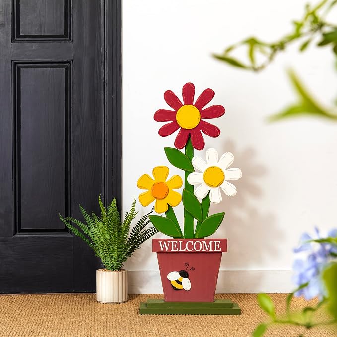 Glitzhome 30 Inch Welcome Sign for Front Door Porch Standing, Outdoor Decor with Wooden Trio Flowers, Yard Sign for Patio Front Door Outside