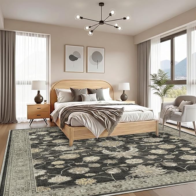 10x14 Area Rugs Washable Large Vintage Rug for Living Room Bedroom | Farmhouse Boho Floral Neutral Washable Stain Resistant Indoor Carpet for Bedroom Office and Home Decor (Black&Gold)