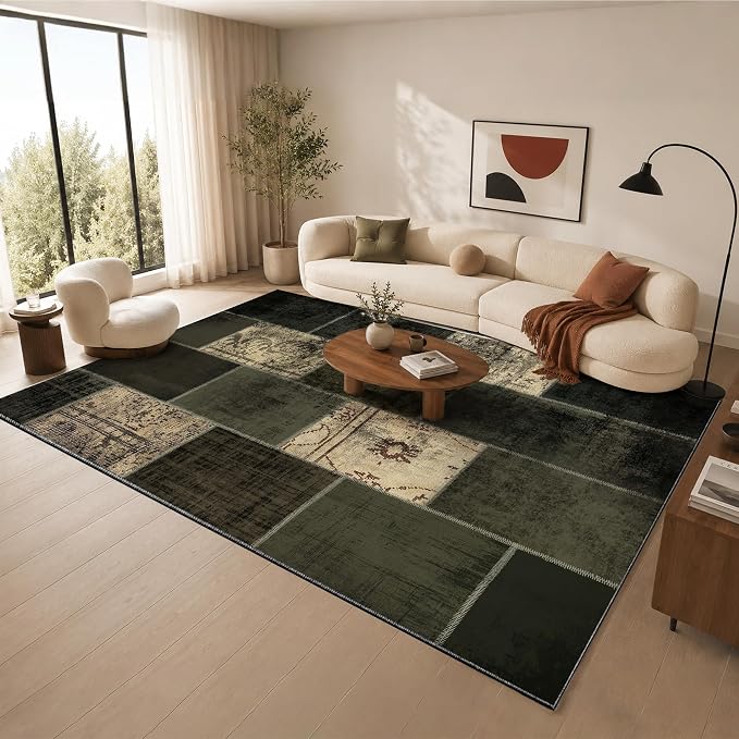 Nayoroom Modern Abstract Sega Green Distressed 8x10 Area Rug, Soft Faux Wool Washable Non-Slip Stain Resistant Rug, Geometric Patchwork Modern Design Rug for Living Room Bedroom.