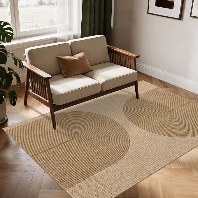 Easy Jute Rug 4x6 Outdoor: Natural Modern Area Rugs for Patio Porch Deck Linen-Look Fabric Durable - Neutral Washable Carpet for Entryway Living Room Bedroom Indoor Non Slip - Geometric Arch Pattern