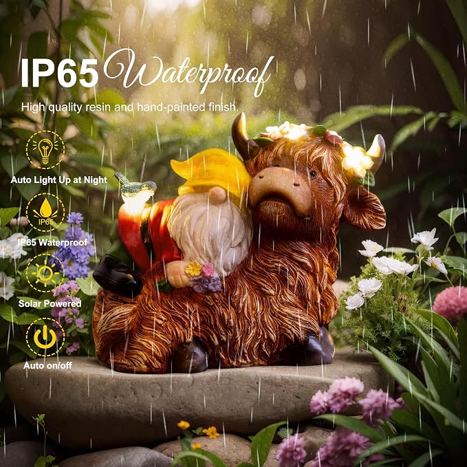 Pohabery Garden Gnome Statue - Highland Cow with Solar Flower LED Lights and Bird - Funny Outdoor Decor for Table, Patio, Lawn - Unique Birthday Gifts for Mom, Women, and Christmas Decorations
