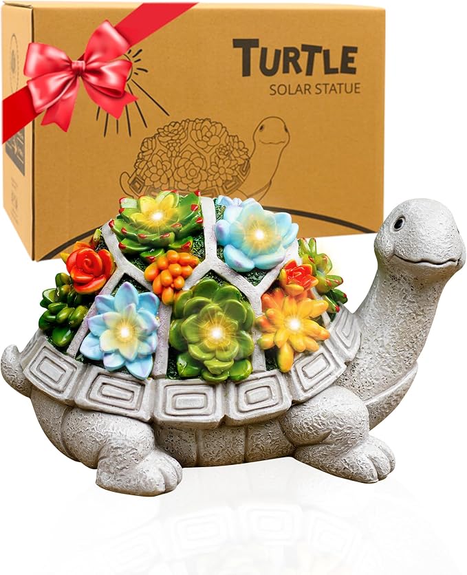 Solar Turtle Statue - Turtle Decor with Yard Outdoor | Cute Solar Turtle Succulent with 7 LED Lights - Unique Turtle Gifts for Mom